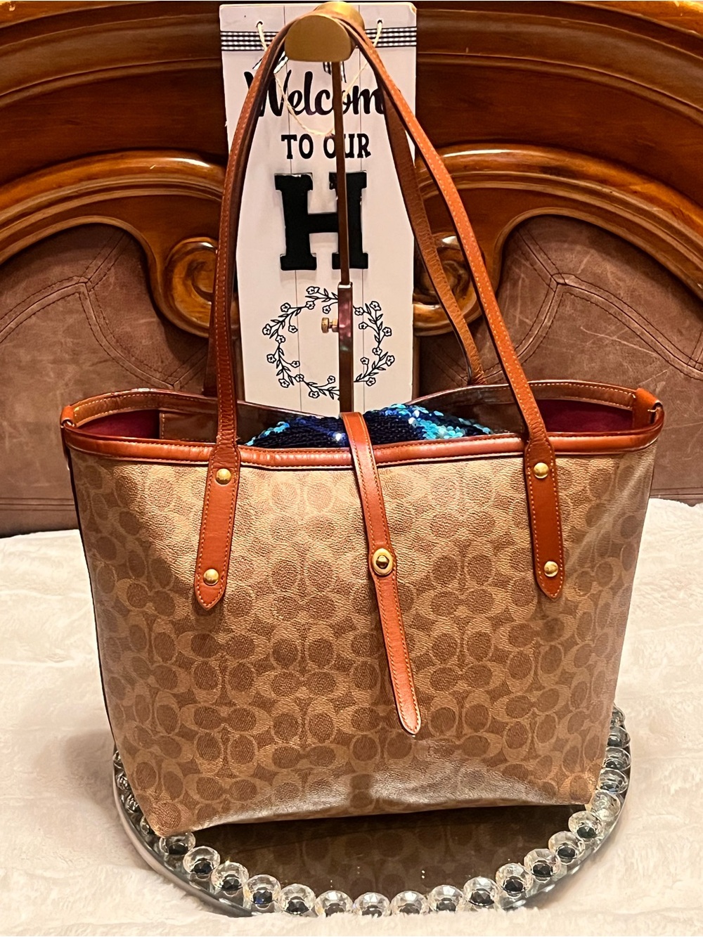 Coach Tan Signature Logo Tote with Brown Leather Trim
